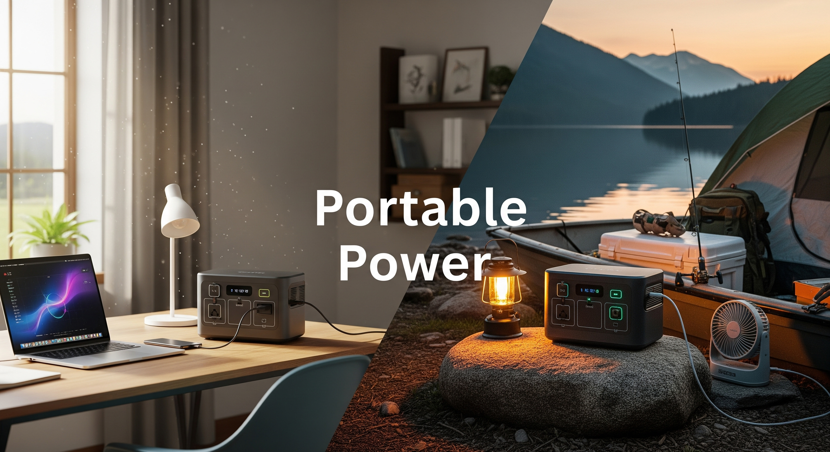 Portable power station with laptop and lamp in indoor setting, camping scene in background GetGreenEnergy