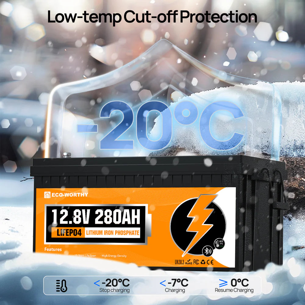 ECO-WORTHY 12V 280Ah LiFePO4 Battery with Bluetooth & Low-Temp Protection – 6-Year Combined Protection (3-Year Eco-Worthy Warranty + 3-Year GetGreenEnergy Guarantee)