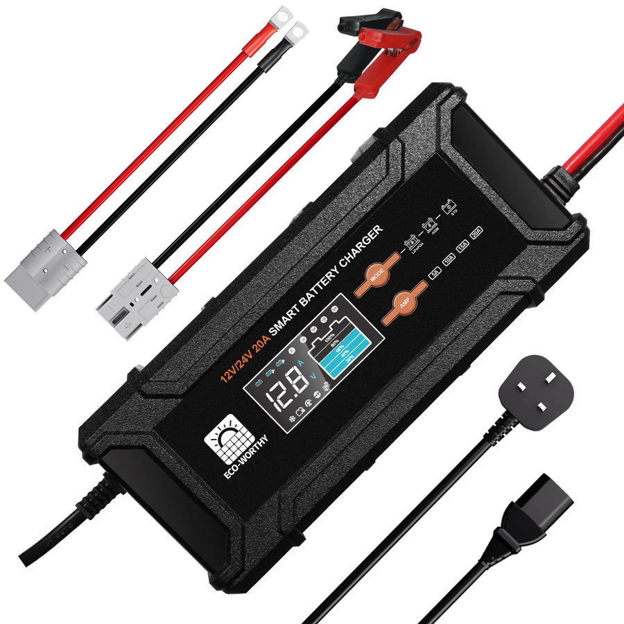 ECO-WORTHY 12V/24V 20A Smart Battery Charger for LiFePO4 Lithium, AGM & Lead-Acid Batteries with LCD Display