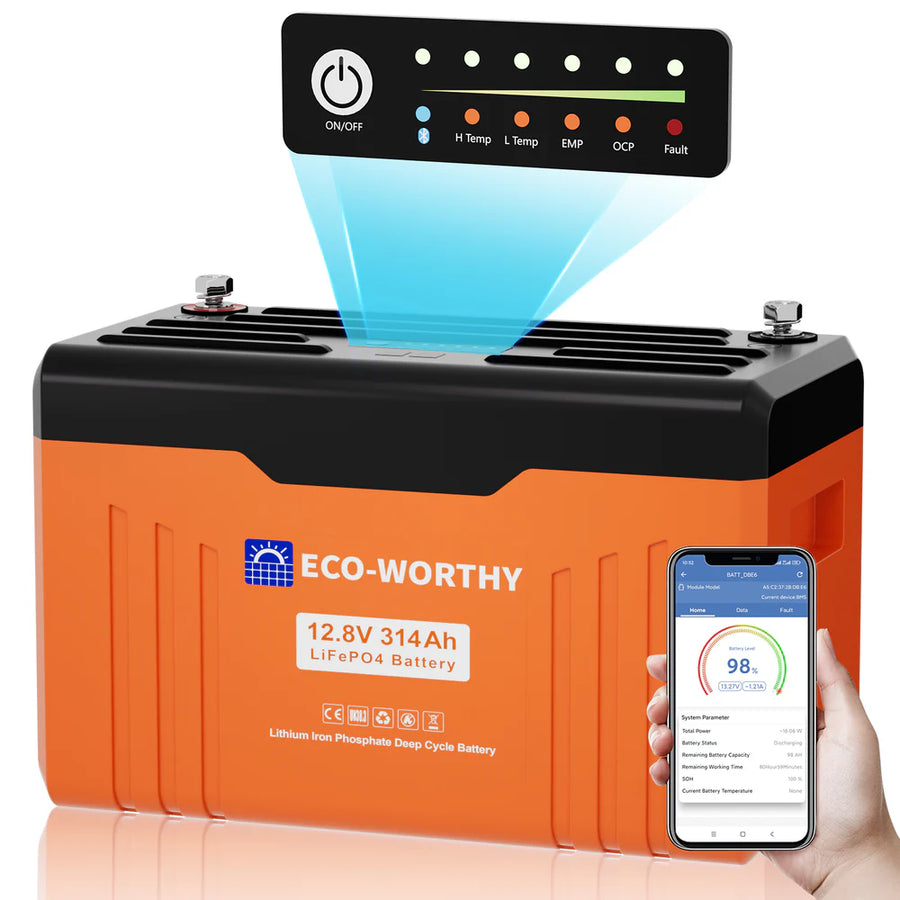 ECO-WORTHY 12V 314Ah LiFePO4 Battery with Bluetooth, LED SOC Display & Low-Temp Protection – 6-Year Combined Protection
