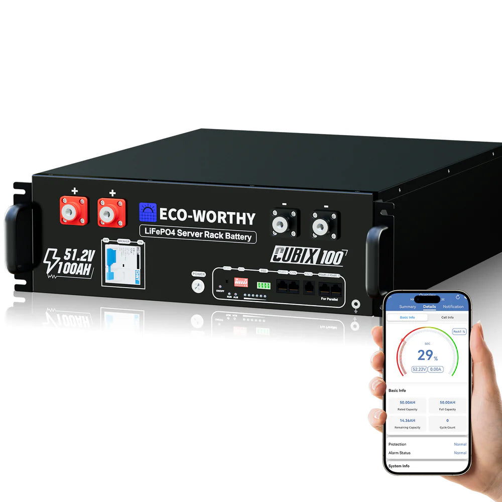 ECO-WORTHY 48V 100Ah Server Rack Battery (Cubix 100), 5.12kWh LiFePO4 with Bluetooth & Wi-Fi – 10 Year Warranty