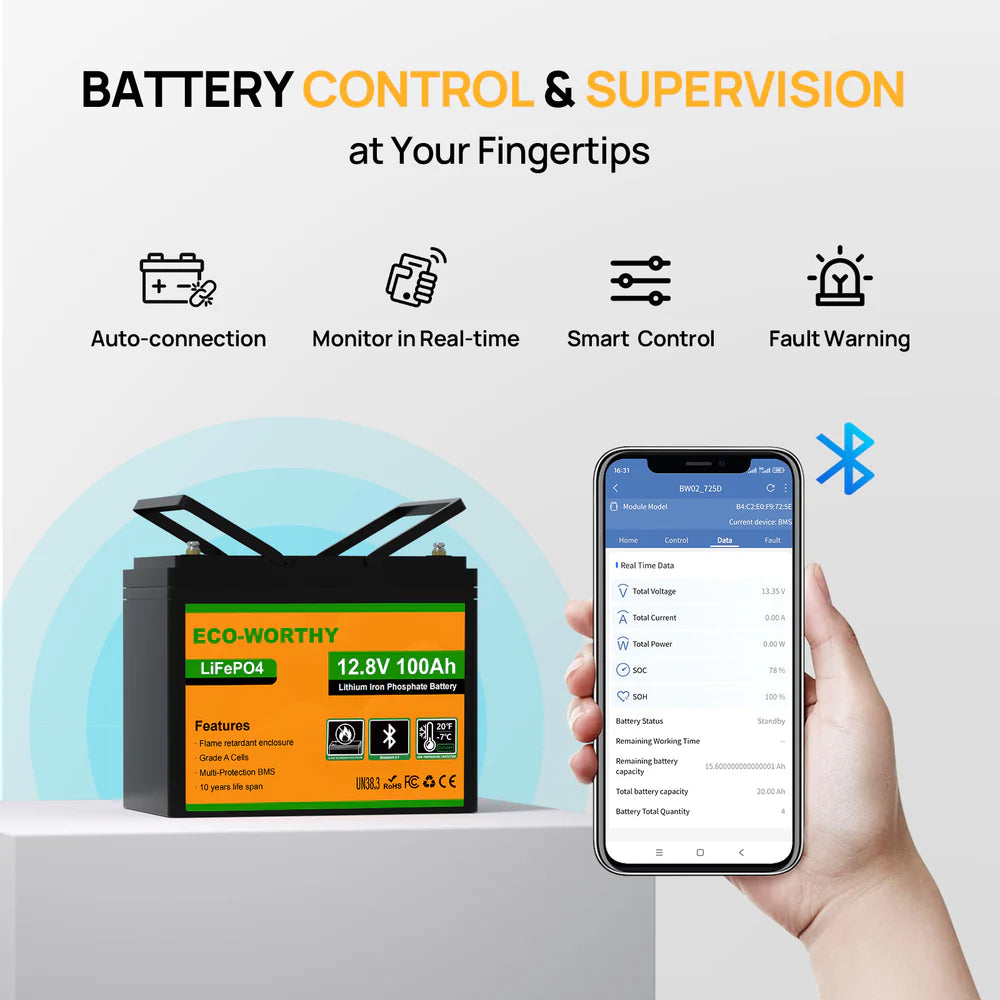 ECO-WORTHY 12V 100Ah LiFePO4 Battery with Bluetooth – 6-Year Combined Protection (3-Year Eco-Worthy Warranty + 3-Year GetGreenEnergy Guarantee)