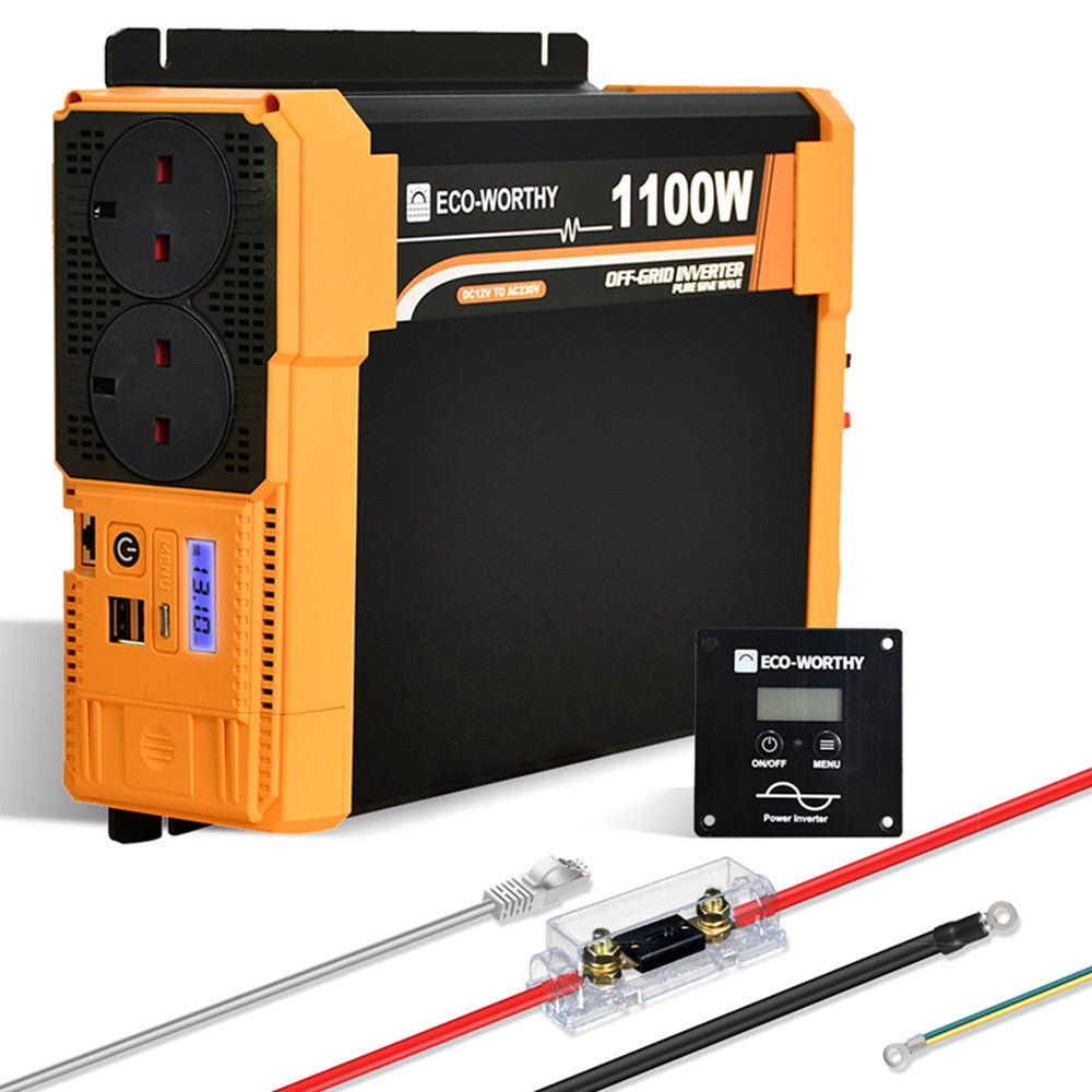 ECO-WORTHY 1100W 12V to 230V Pure Sine Wave Inverter with LCD Display – Off-Grid Power Inverter