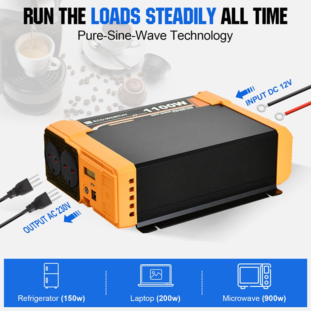ECO-WORTHY 1100W 12V to 230V Pure Sine Wave Inverter with LCD Display – Off-Grid Power Inverter