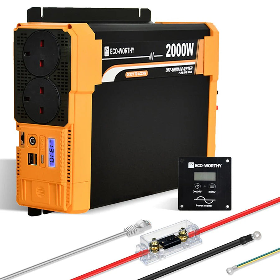 ECO-WORTHY 2000W Pure Sine Wave Inverter, 12V DC to 230V AC with LCD Display and Remote Control