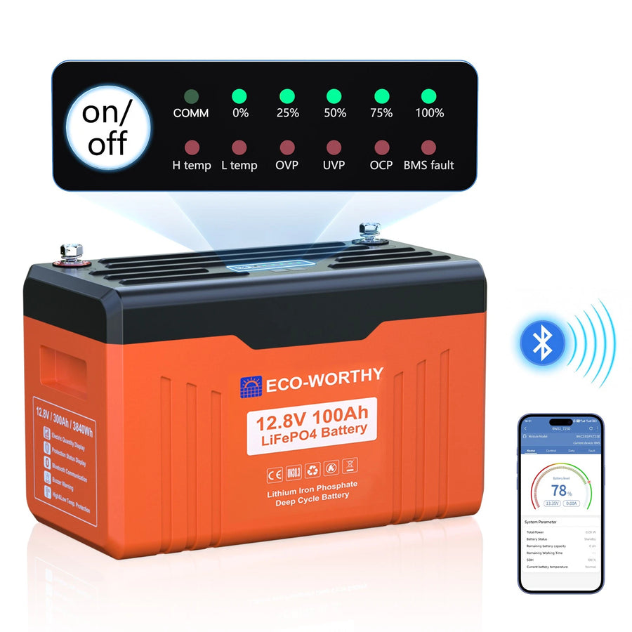 ECO-WORTHY 12V 100Ah LiFePO4 Lithium Battery with Bluetooth & Low-Temp Protection – 6-Year Combined Protection